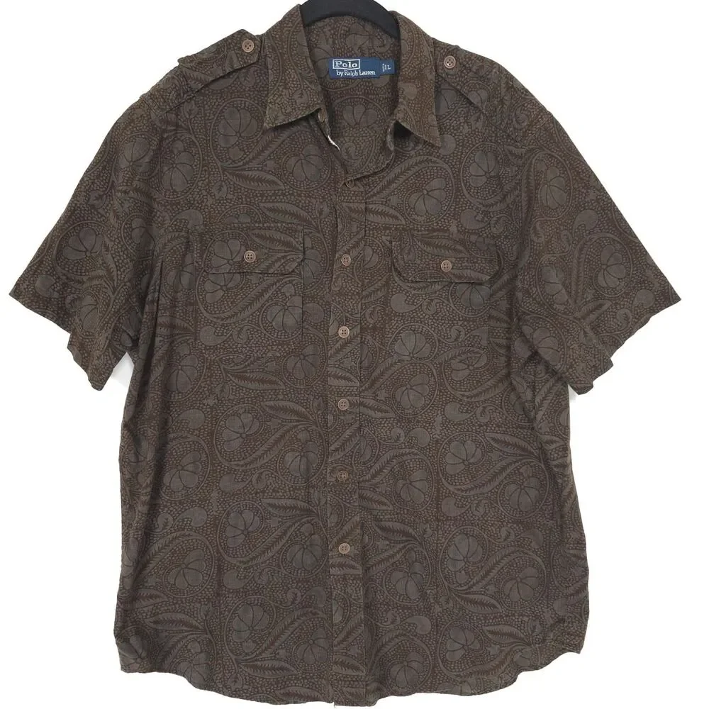 POLO RALPH‎ LAUREN Mens Paisley Camp Shirt LARGE Brown Button 100% Cotton